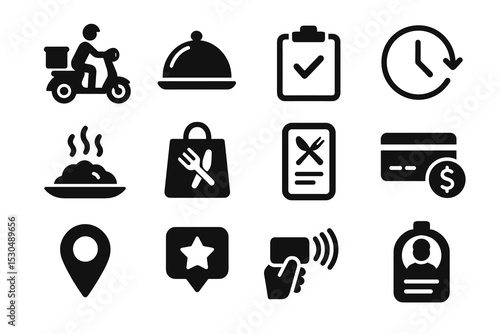 Food delivery icons: scooter, meal, checklist, clock, map, contactless payment, badge
