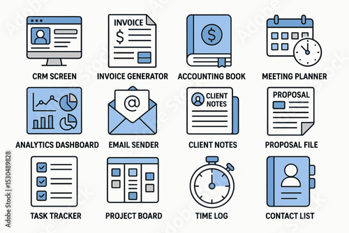 Business management icons: crm, invoicing, accounting, and planning tools