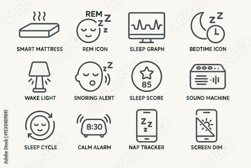 Smart sleep technology icons: mattress, sleep graph, bedtime, snoring alert, sound machine