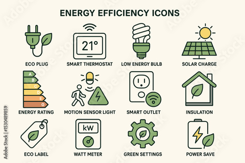 Energy efficiency icons: eco plug, smart thermostat, solar charge, low energy bulb, insulation