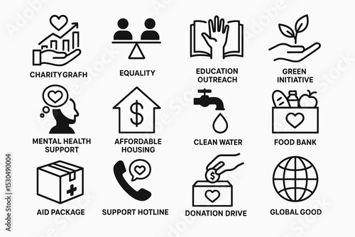 Illustrated icons representing charity initiatives and community support efforts