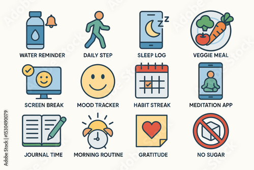 Icons for wellness routine: water reminder, daily step, sleep log, veggie meal, and more