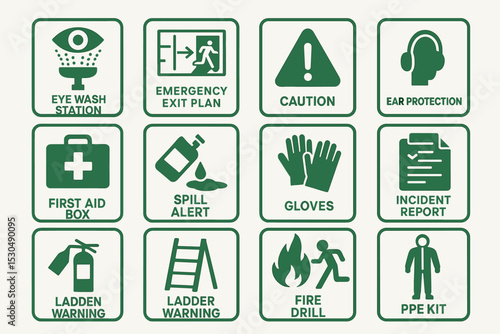 Safety signage: emergency tools and safety warnings in green icons