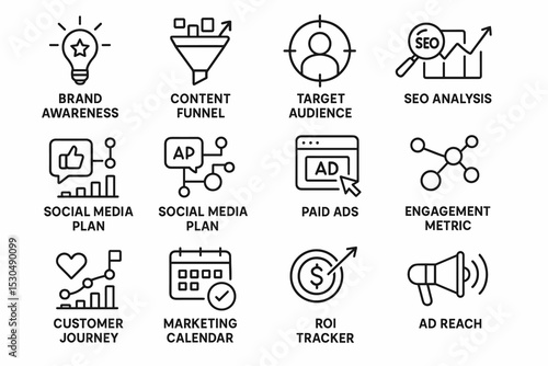 Digital marketing strategy icons: brand awareness, seo, paid ads, engagement metrics