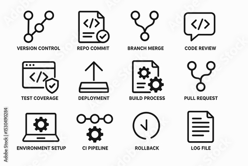 Software development workflow icons: version control, branch merge, deployment, ci pipeline, log file