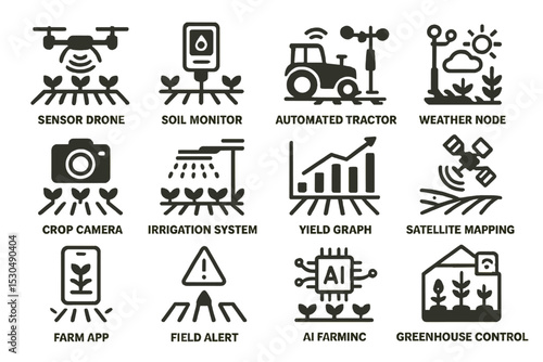 Smart farming icons: drones, sensors, ai, and automation for agriculture advancement