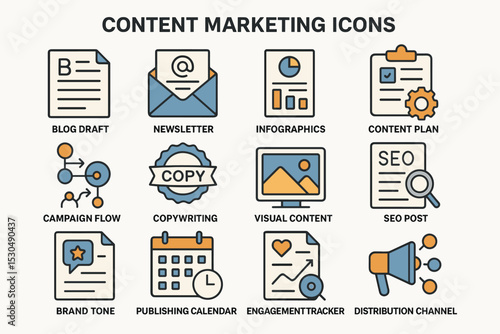 Content marketing icons: blog, newsletter, infographics, seo, publishing