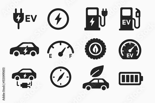 Electric vehicle icons set: charging, energy, fuel gauge, eco-friendly cars