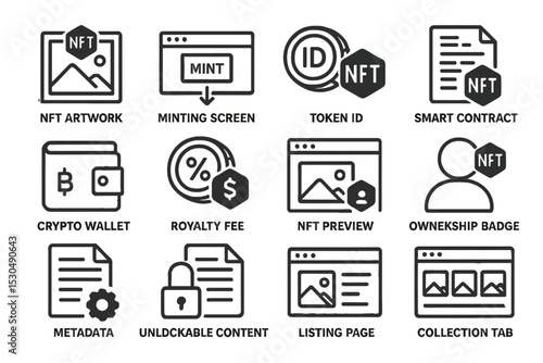 Nft icons with crypto wallet and smart contract elements