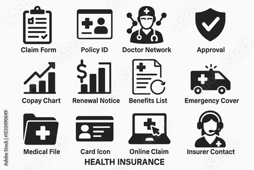 Health insurance icons: claim forms, policy ids, doctor networks, and more