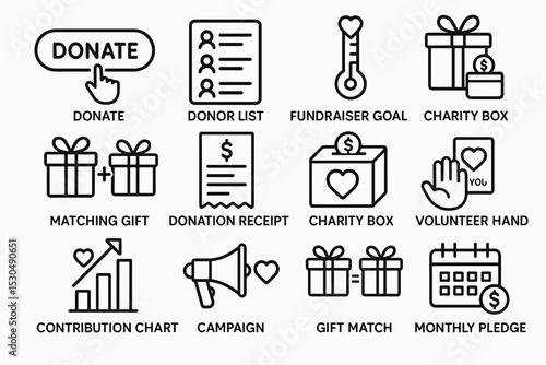 Charity and donation icons: donate, volunteer, fundraiser, charity box, campaign