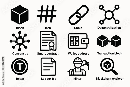 Blockchain icons: decentralization, smart contracts, and cryptocurrency elements
