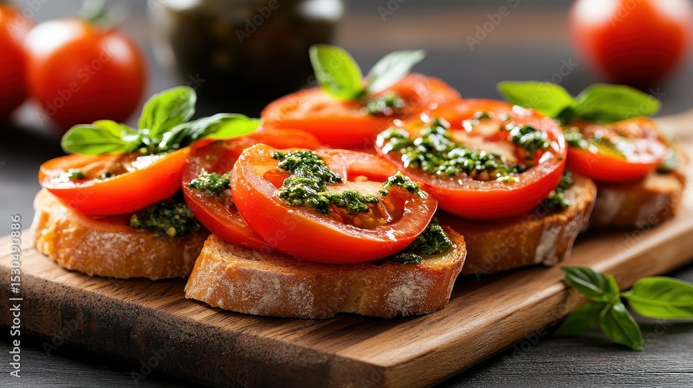 A close-up of a mouthwatering bruschetta topped with ripe tomato slices and fresh basil, showcasing the vibrant colors and textures of this classic Italian appetizer. A close-up of a mouthwatering bruschetta topped with ripe tomato slices and fresh basil, showcasing the vibrant colors and textures of this classic Italian appetizer.