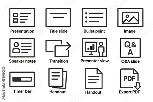 Powerpoint interface features icons: presentation, slide, image, notes, pdf
