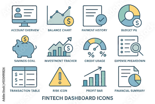 Fintech dashboard icons: financial analysis tools for tracking and planning