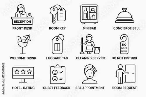 Hotel services icons: front desk, minibar, concierge, and more