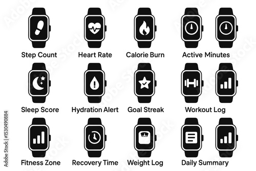 Smartwatch icons: step count, heart rate, calorie burn, sleep score