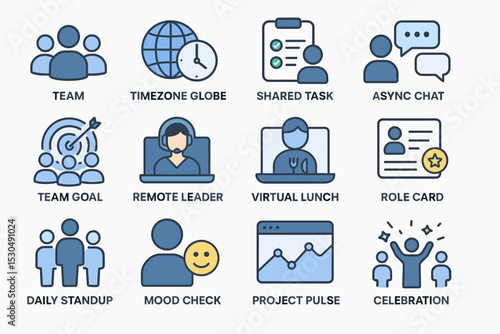 Teamwork icons: collaboration, communication, leadership, celebration in modern workplaces