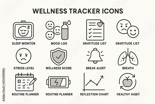 Wellness tracker icons: sleep monitor, mood log, gratitude list, stress level, wellness score