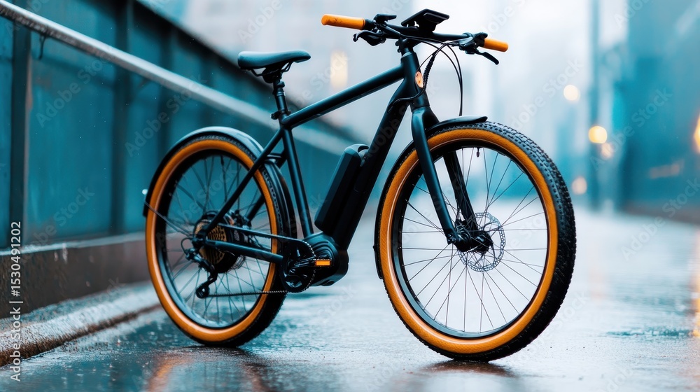 Fototapeta premium A sleek black electric bike with orange accents parked in a moody urban environment. This image showcases modern transportation and urban lifestyle, perfect for bicycle enthusiasts and travel.