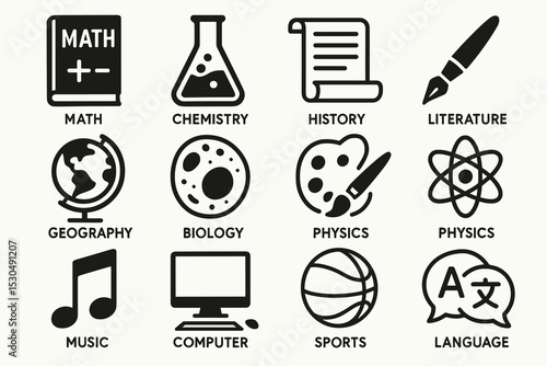 Icons representing various school subjects for education