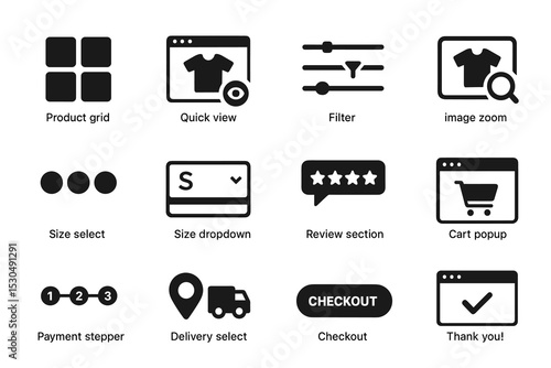 E-commerce ui elements: product grid, quick view, filters, and checkout icons