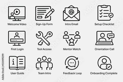 Onboarding icons: welcome, setup, tools, and support for smooth integration