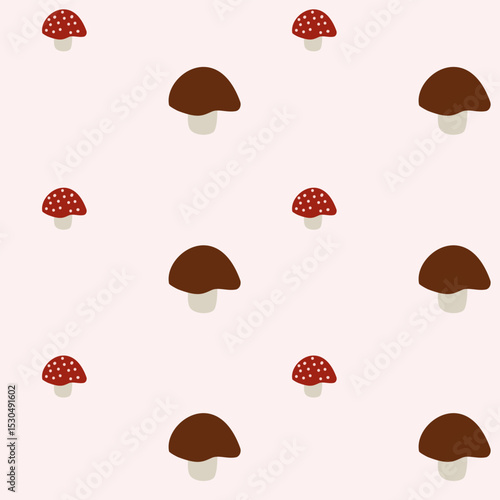 Seamless striped pattern of boletus and amanita mushrooms on a delicate light pink background. Minimal vector print perfect for cute, whimsical designs.