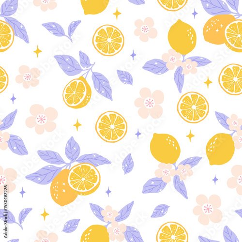 Seamless pastel pattern featuring lemons, lemon slices, purple leaves, and light peach flowers in kawaii hand-drawn style