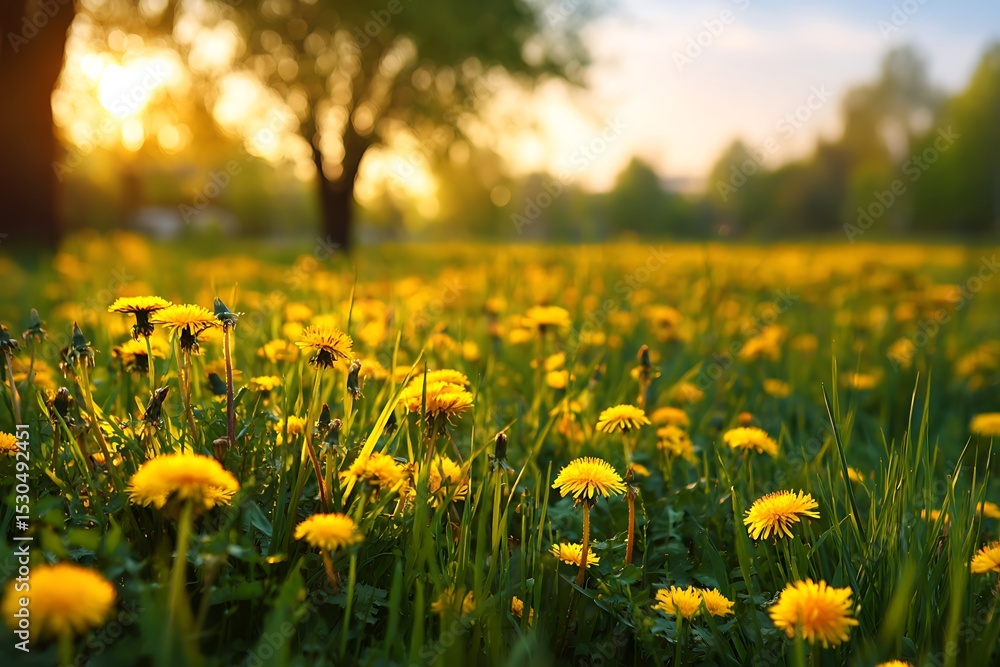 Obraz premium Bright Meadow with Yellow Flowers and Fresh Grass