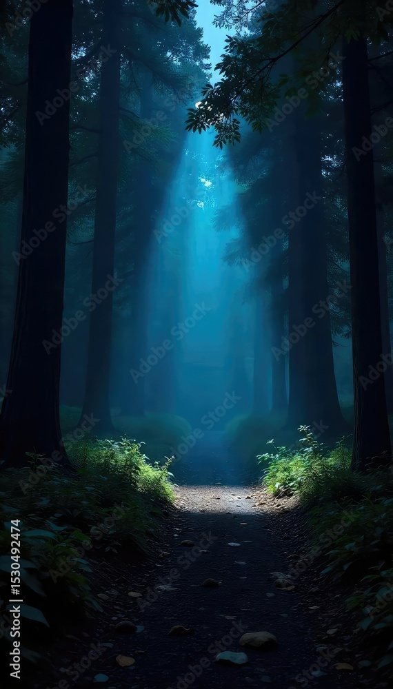 Obraz premium A powerful flashlight beam cuts through the darkness, illuminating a mysterious, shadowy forest path The light reveals textures and details hidden in the night , beam, deep, bright