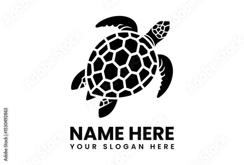 Stylized black silhouette of a sea turtle with detailed shell patterns, representing marine life and conservation. Wildlife concept