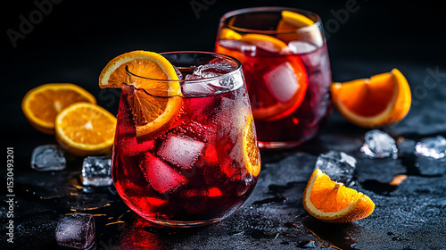 Sangria with red wine, orange and lemon slices on a dark background, top view. Fruit drink or cocktail in a glass, perfect for a summer party or wedding ceremony.