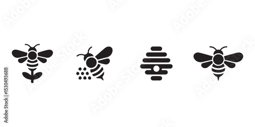 Bee icons set honeycomb bee on flower pollen