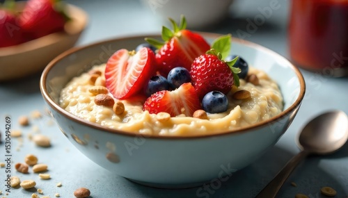 A steaming bowl of creamy oatmeal topped with fresh berries and nuts, ready to be enjoyed for a healthy and delicious breakfast ,  antioxidant,  grains,  vitamin