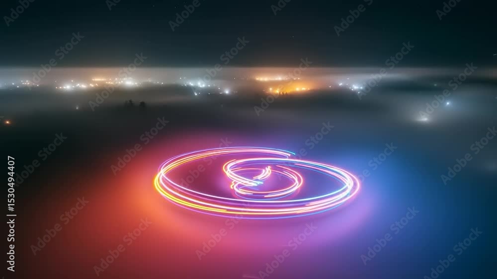 Colorful light trails swirl above a foggy landscape at night, creating a mesmerizing visual effect Colorful light trails swirl above a foggy landscape at night, creating a mesmerizing visual effect