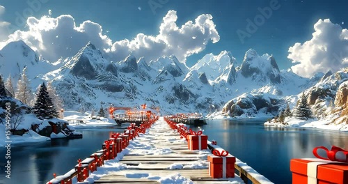 A serene winter wonderland with snow-covered mountains, a wooden pier, and Christmas gifts by a lake.