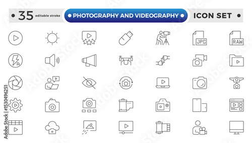 Photography and Videography outline Icon set. Camera, Lens, Studio, Film Equipment, Digital Camera, Tripod, Editing Tools,DSLR, Film Reel, Media Tools, Lights, Action. Editable stroke outline icon.
