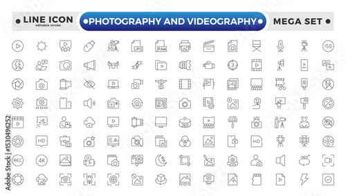 Photography and Videography outline Icon set. Camera, Lens, Studio, Film Equipment, Digital Camera, Tripod, Editing Tools,DSLR, Film Reel, Media Tools, Lights, Action. Editable stroke outline icon.
