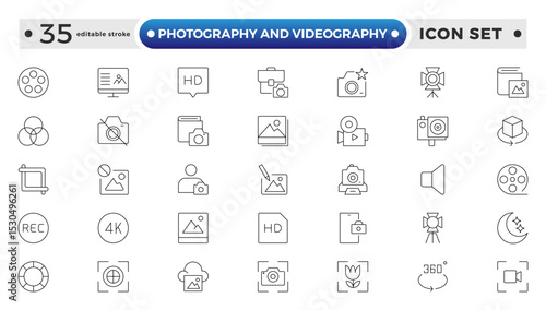 Photography and Videography outline Icon set. Camera, Lens, Studio, Film Equipment, Digital Camera, Tripod, Editing Tools,DSLR, Film Reel, Media Tools, Lights, Action. Editable stroke outline icon.
