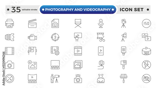 Photography and Videography outline Icon set. Camera, Lens, Studio, Film Equipment, Digital Camera, Tripod, Editing Tools,DSLR, Film Reel, Media Tools, Lights, Action. Editable stroke outline icon.

