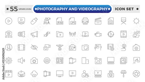 Photography and Videography outline Icon set. Camera, Lens, Studio, Film Equipment, Digital Camera, Tripod, Editing Tools,DSLR, Film Reel, Media Tools, Lights, Action. Editable stroke outline icon.
