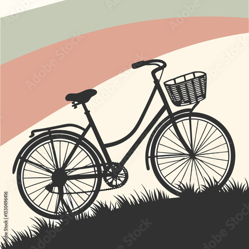 Vintage Bicycle Vector Illustration with Basket on Grass Hill – Retro Style Silhouette