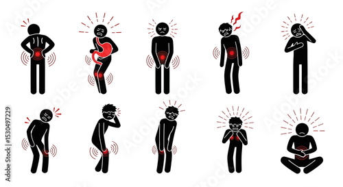 Stick Figures Illustrating Various Physical Pain and Discomfort Symptoms