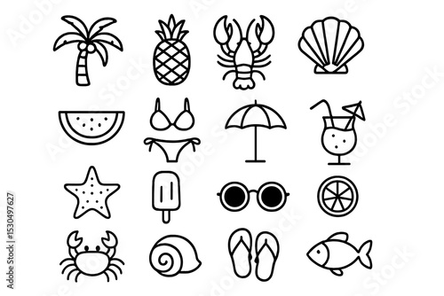 Tropical summer beach symbols including palm tree, lobster, and sunbathing elements