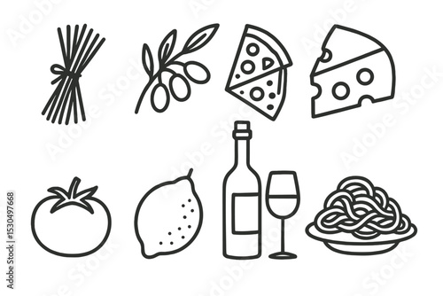 Delicious Italian cuisine ingredients and dishes presented in a simple, elegant style featuring pasta, cheese, wine, and fresh produce