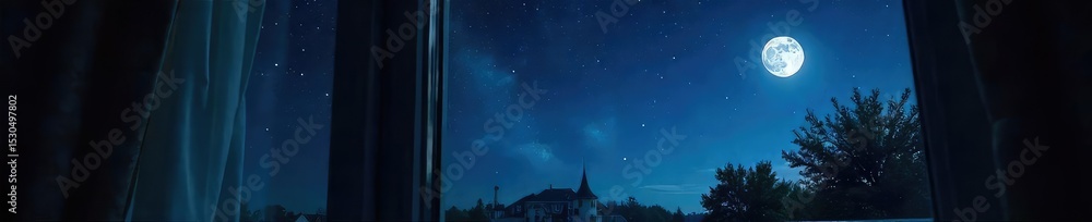 Fototapeta premium Dark, starlit night sky visible through a bedroom window, moonlight illuminating a portion of the ceiling Perfect for relaxation, sleep, and celestial themes , ceiling, tranquility, universe
