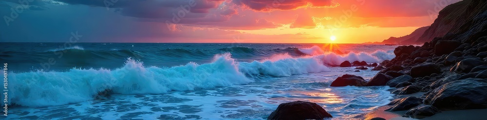 Fototapeta premium Deep, cerulean ocean waves crash against a rocky shore at sunset, the sky ablaze with vibrant hues The scene evokes a sense of timeless power and serene beauty , sunset colors, blue
