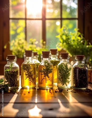 Beautiful glass bottles filled with aromatic herbs and spices on wooden table in sunlit room