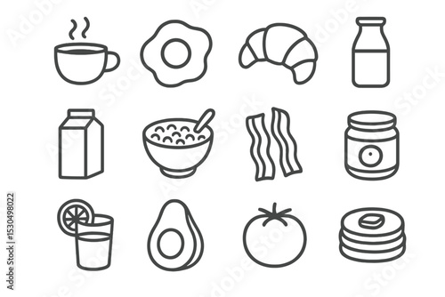 Breakfast items illustrated in a simple, modern style showcasing morning essentials like coffee, eggs, and fruit
